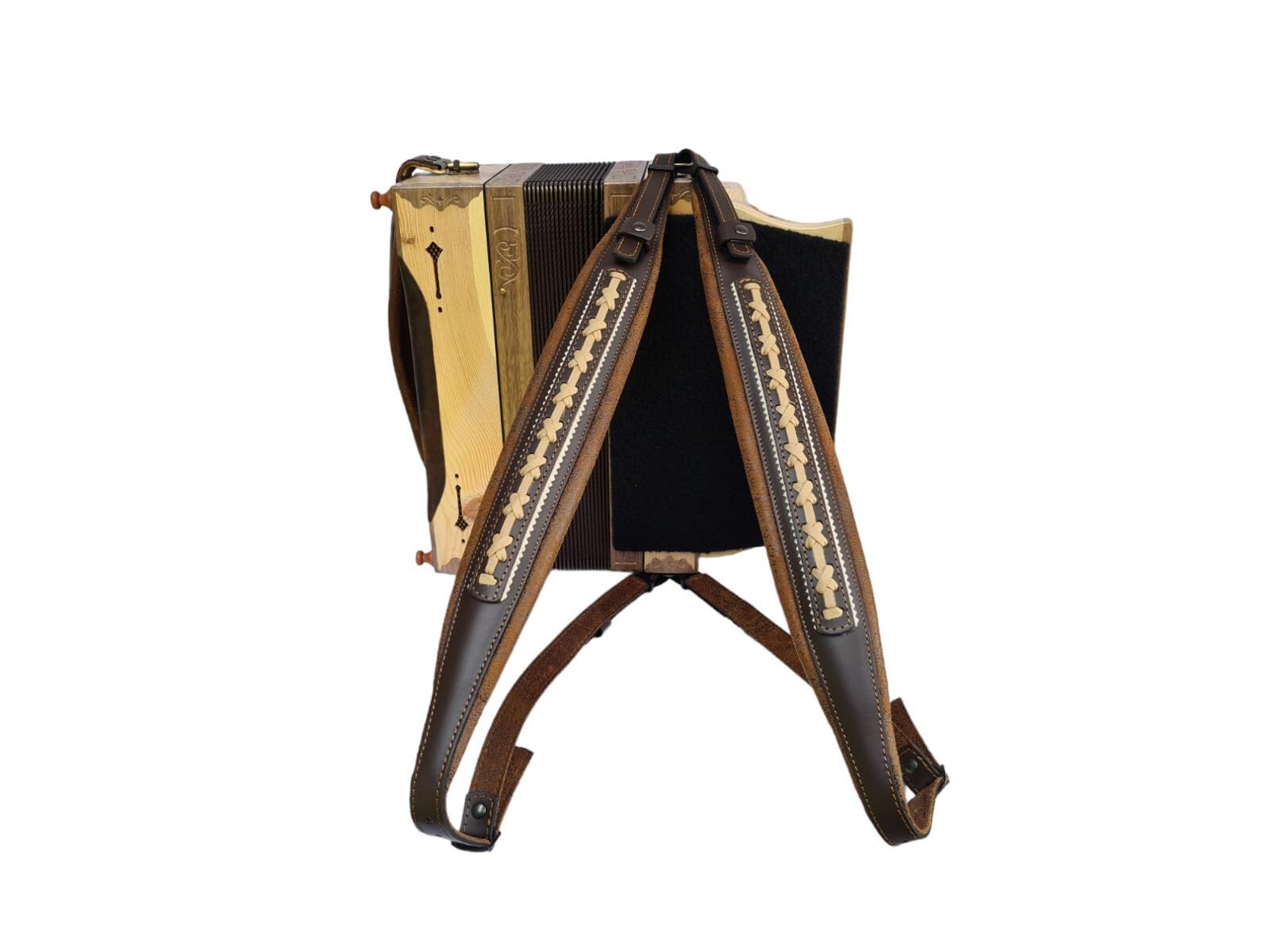 Generisch Steirische Harmonika Riemen Extravagant Brown-Vintage – edle Harmonikariemen in Braun Vintage-Optik, gepolstert, verstellbar, hochwertig verarbeitet, idealer Komfort für Harmonikaspieler