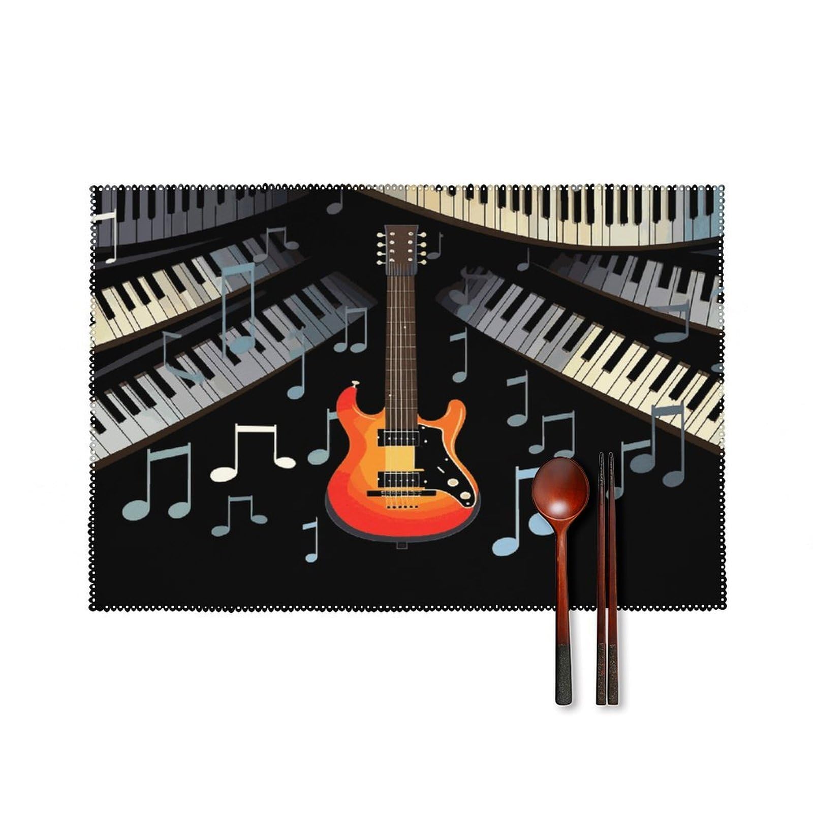 Btcowzrv Style Guitar Piano Pattern Canvas Placemats Set Of 6, Wipeable Washable Place Mats For Indoor & Outdoor, Table Mat Decor For Kitchen Dining Party