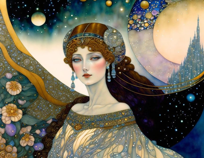 Tableau sur toile d'une femme marchant sur les planètes pour votre chambre