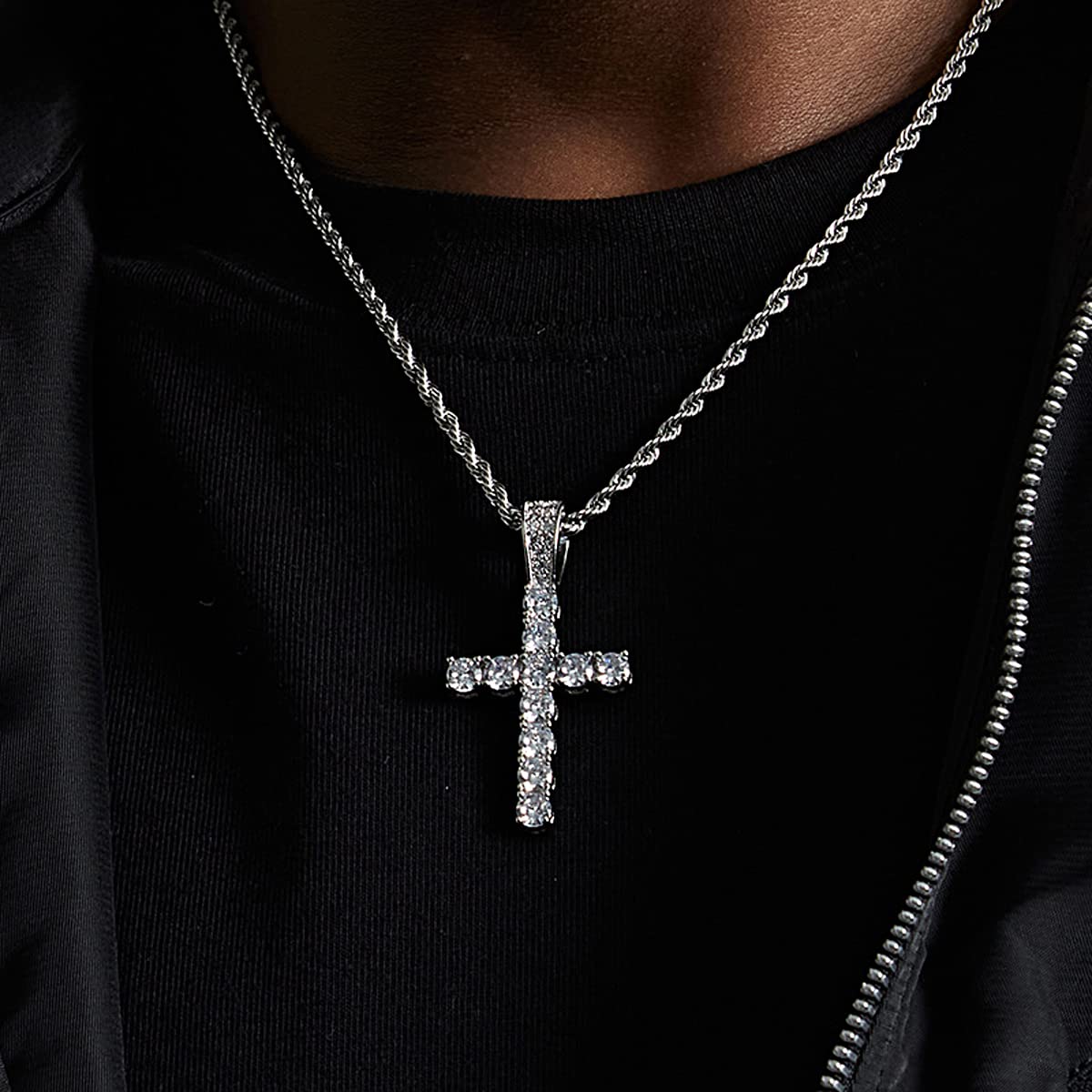 Collana Uomo Donna, Croce Collane Girocollo Uomo Acciaio Inox con Zirconi, Catena con Pendente Croce Catenina Rapper, Retrò Catenella Acciaio Inossidabile Ciondolo Pendaglio Regalo per Ragazzo