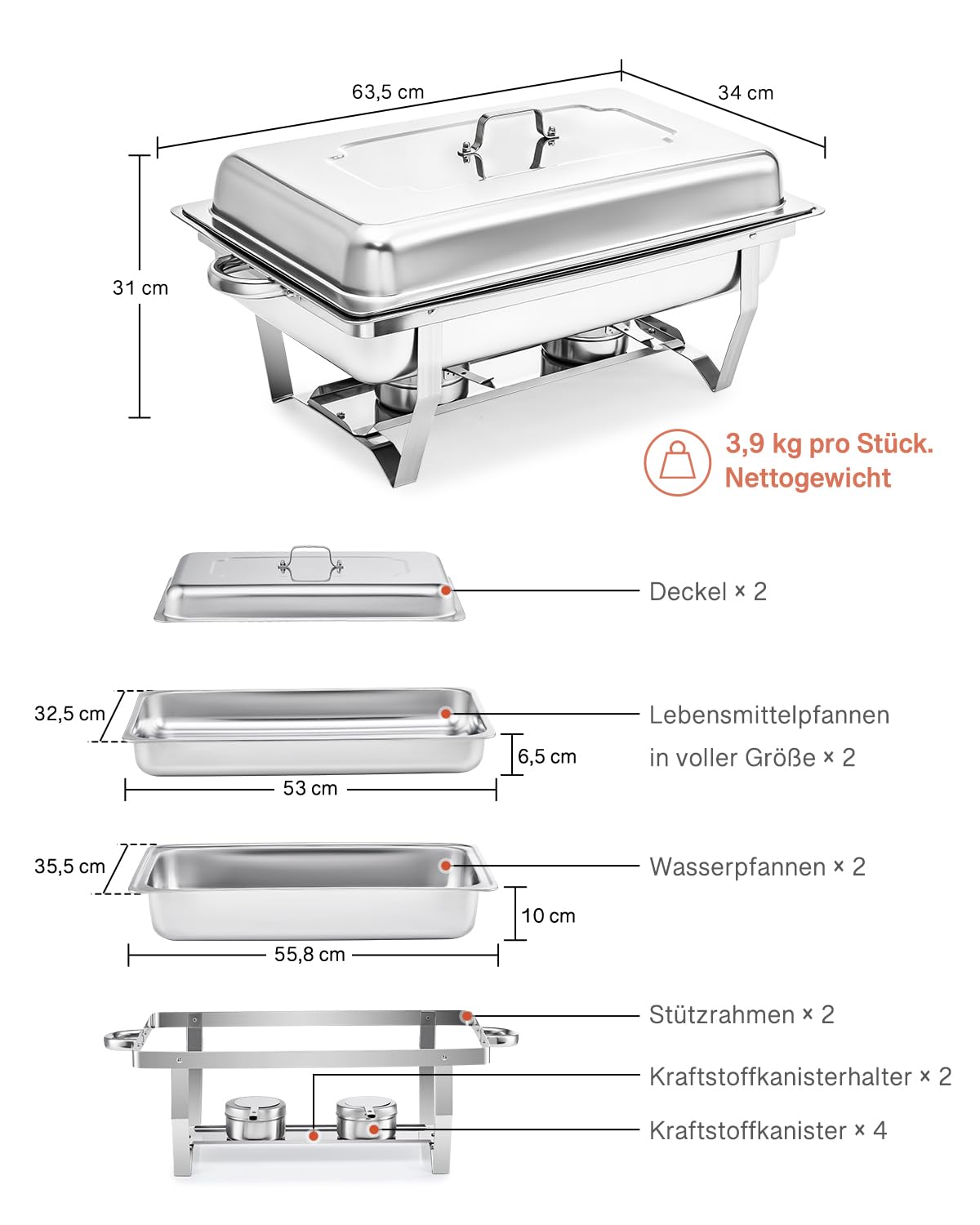 Wilprep Chafing Dish Speisewärmer 9L 2pcs Edelstahl Warmhaltebehälter Wärmebehälter Edelstahl Buffet-Set für Catering Buffet und Party