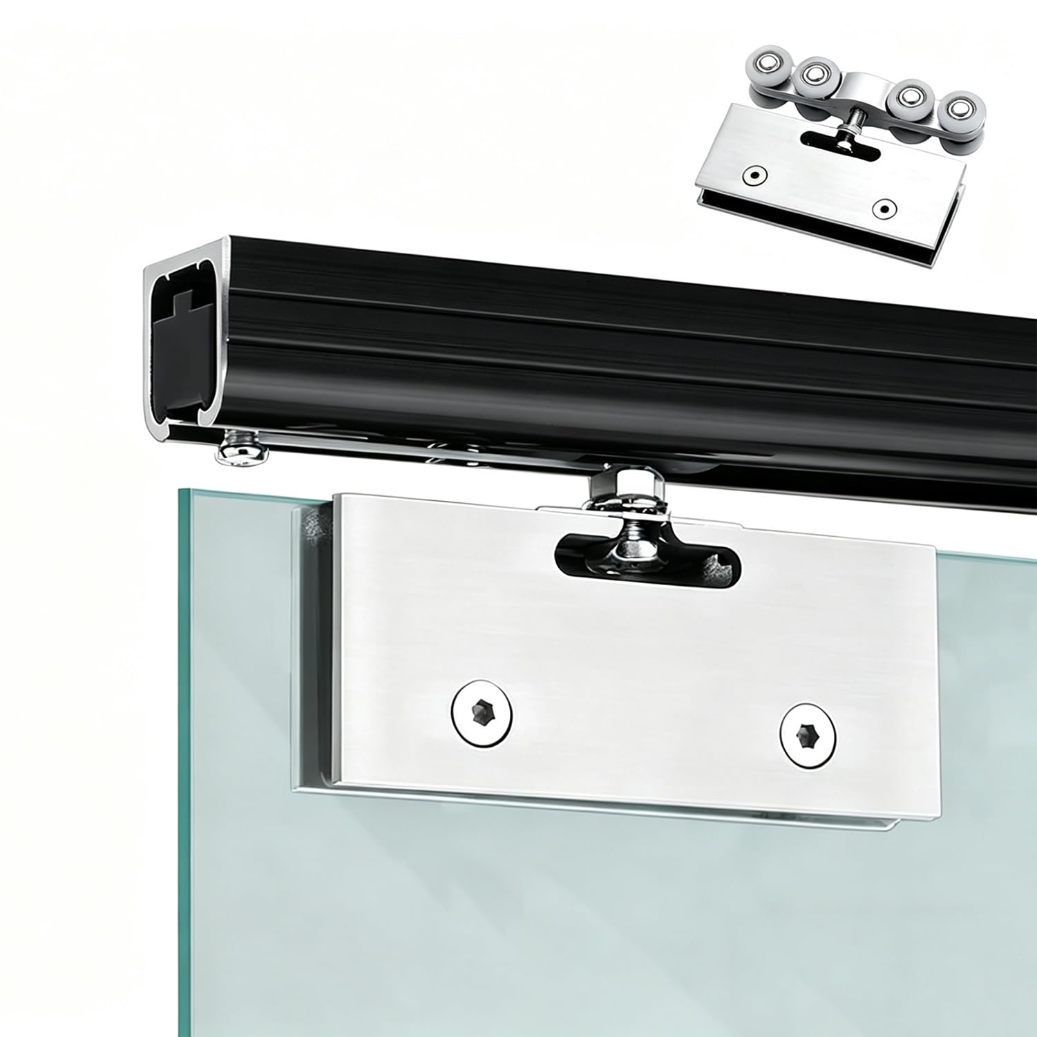 PALSINBY Sliding Glass Door Track Kit, Single Track Frameless Sliding Barn Door Kit Glass Clamps For 10-12mm 0.7-4m(Black,1.9m/6.2ft)
