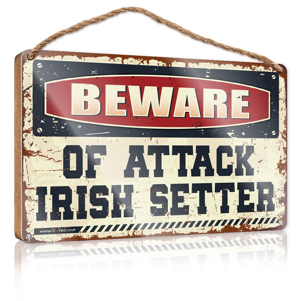 FZFN Wall Hanging Decor Men Beware Of Attack Irish Setter Wooden Sign Hanging Signs For Home Decor Outdoor Wall Decor(15X28CM)