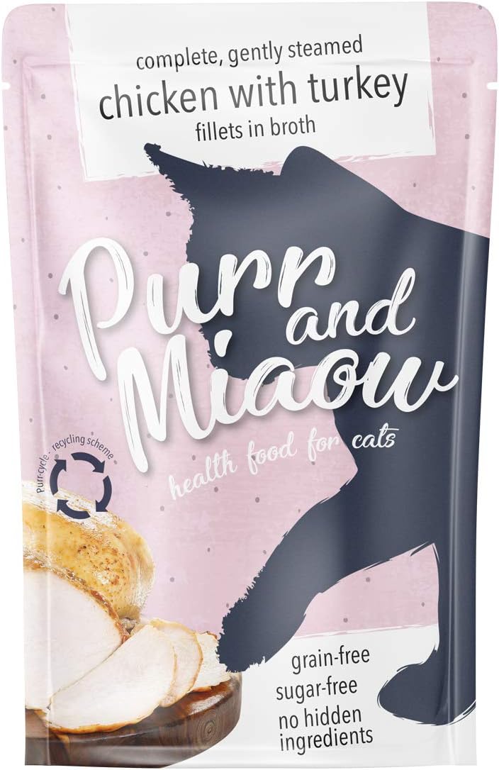 Sugar Free Wet Cat Food Pouches (Grain-Free, 50% Broth in Recyclable Pouches) 12x85G (Chicken with Turkey)