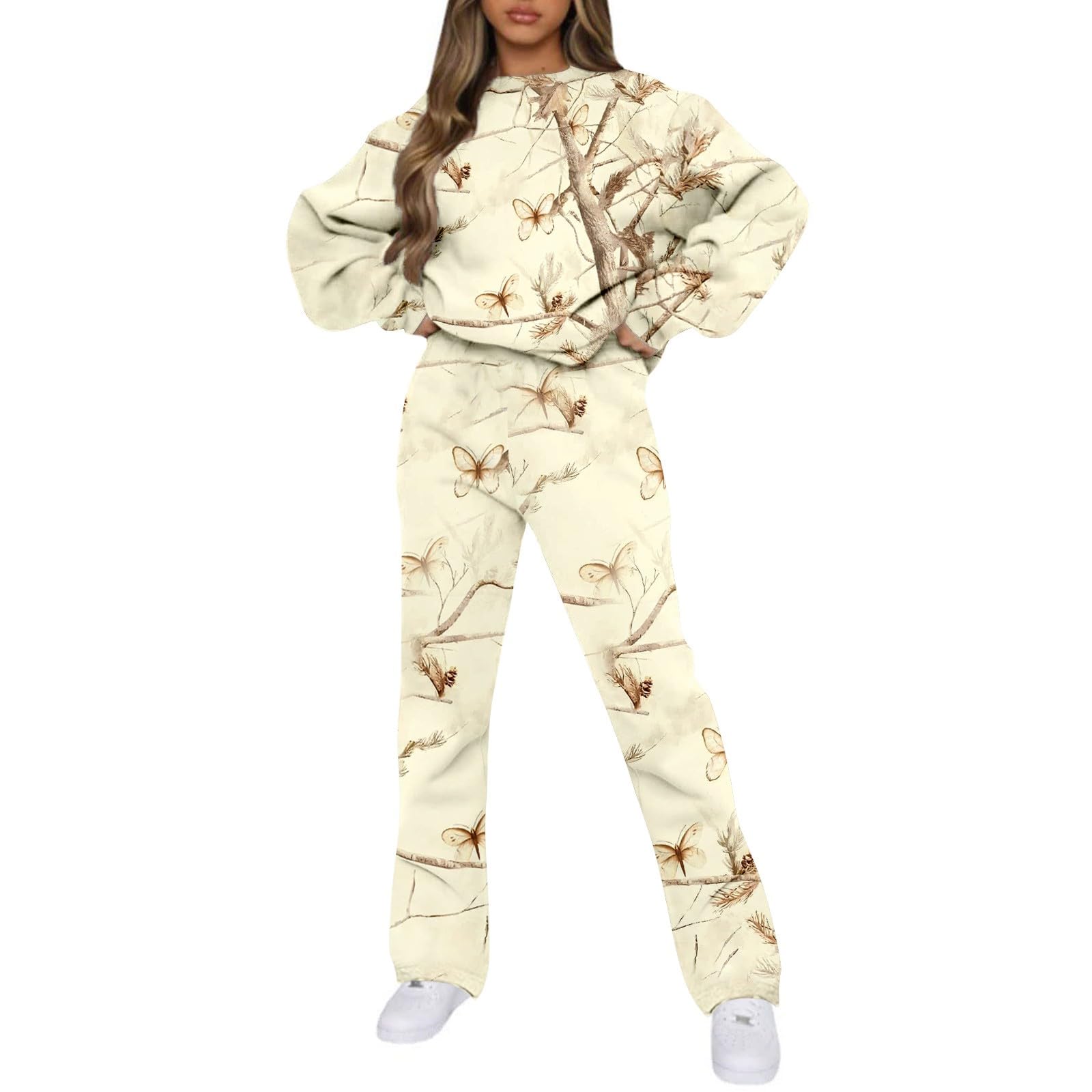 Saymany 2023 Trainingsanzug Sets Frauen Casual Langarm Sweatshirt und Hosen Herbst Winter 2 Stück Anzug Set mit Blumendruck Pullover und Jogger Casual Langarm Pullover Hosen Set Trainingsanzug