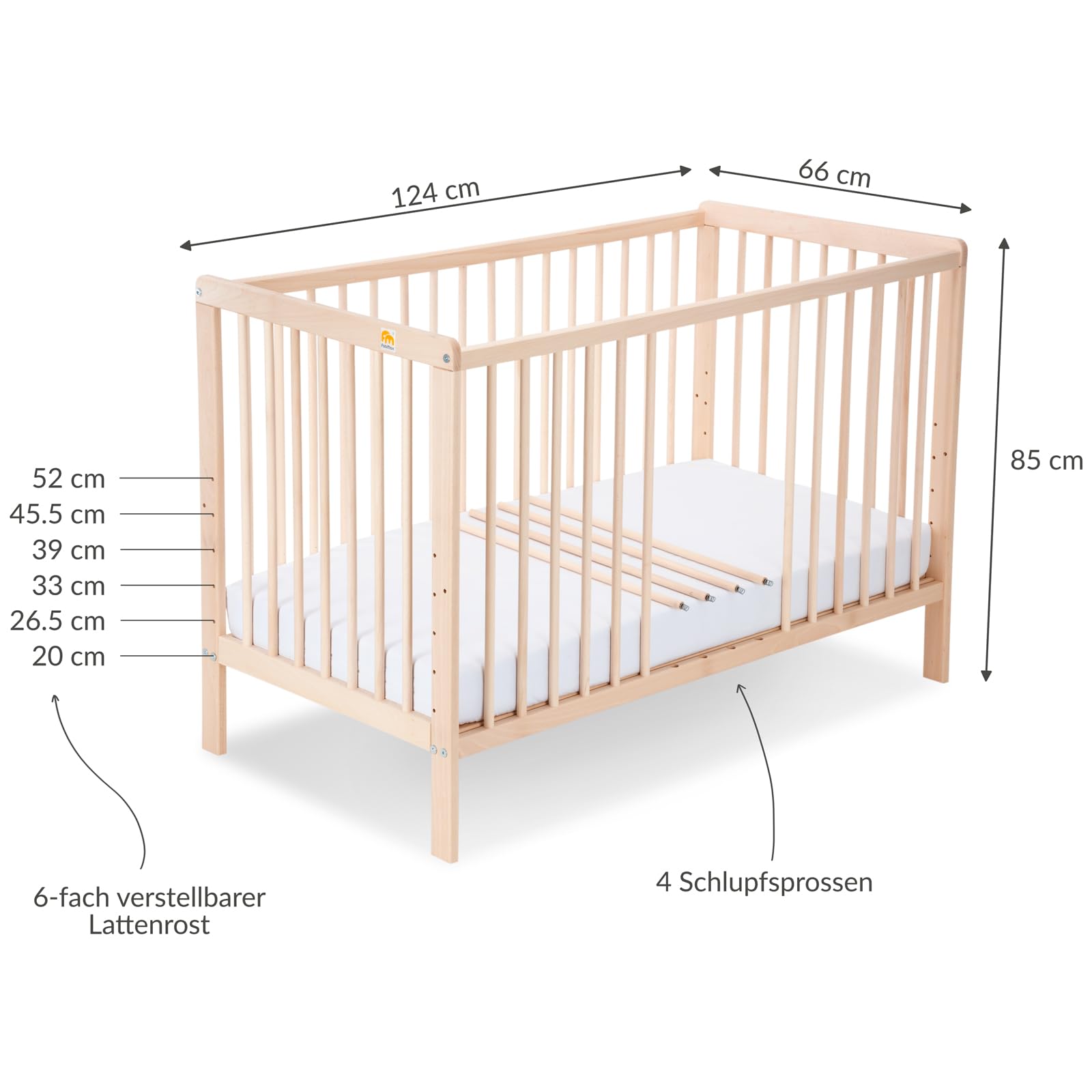 FabiMax Babybett Kinderbett Nubi Natur 120x60cm, aus naturbelassenem Buchenholz, 6-Fach höhenverstellbar, mit 4 Schlupfsprossen (Matratze Premium, Natur)