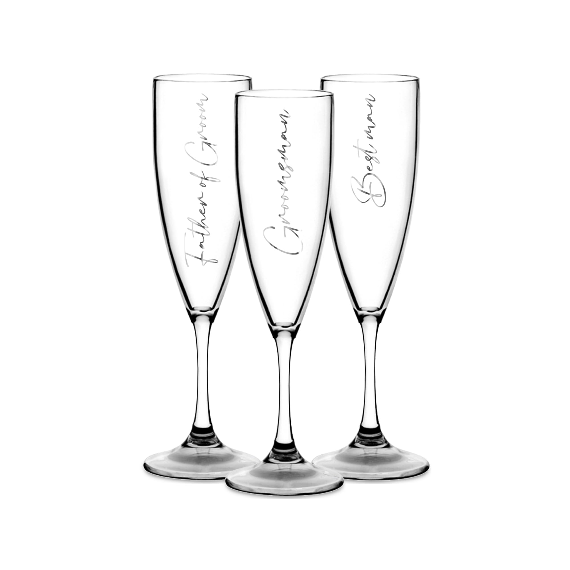 Print Maniacs Champagne Premium Clear Flute Glass Bride Groom Mr Mrs Wedding Maid Honour Wine Cocktail Prosecco Celebrations Gift (Silver, Set of 3 Groom Side Set)