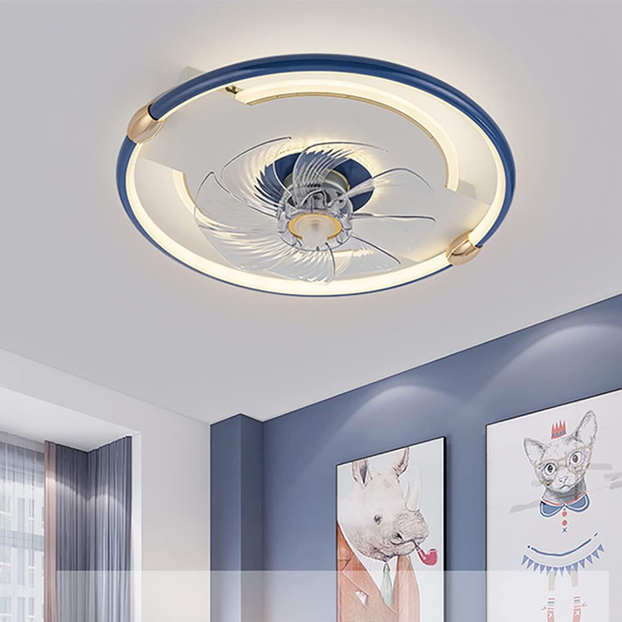 YUEGOO Ceiling Fans with Lamps,Ceiling Fan with Light and Remote Control Mute 3 Speeds Bedroom Led Dimmable Round Fan Ceiling Light with Modern Living Room/Blue