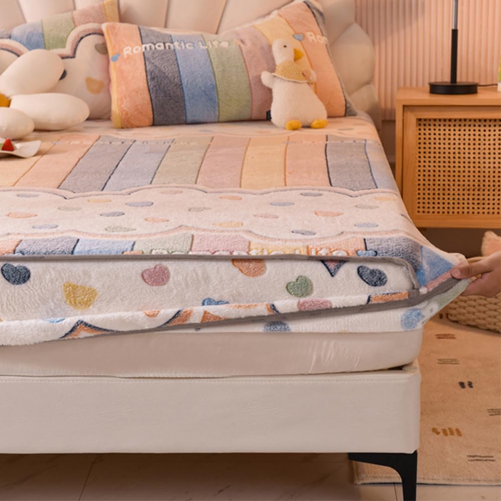 Hiseng Flanell Spannbettlaken, Jacquard Weiches Einfarbig Spannbetttuch Leintuch, bis 28 cm Matratzenhöhe, Elastisches Matratzenschoner für Boxspringbett & Wasserbett (200x220cm,Bunte Herzen)