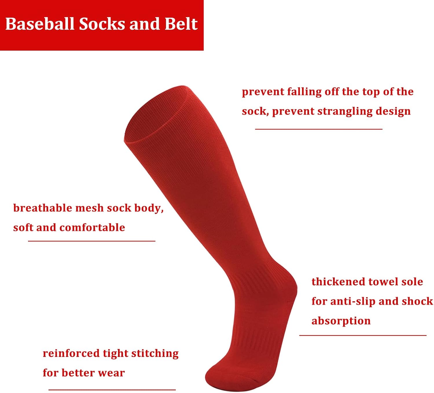 Youth Baseball Socks Softball Socks with Baseball Belt, Red Baseball Socks Youth Boys and Red Baseball Belt Adjustable Softball Belt Set for Kids - Boys + Girls Red Knee High Socks - Image 3
