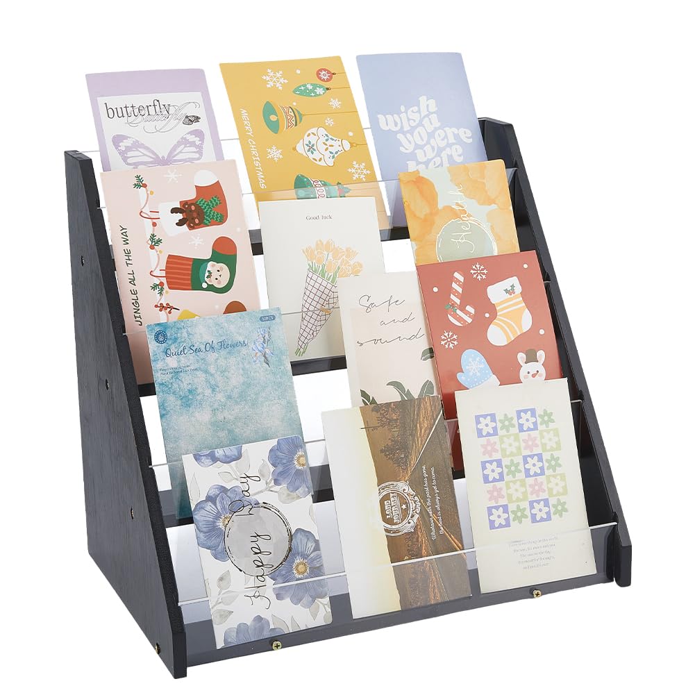 DICOSMETIC Support D'Affichage de Carte de Voeux de 4 Niveaux en Bambou Acrylique Support D'Affichage D'Autocollants Noir Étagère D'Affichage de Cartes Postales pour Comptoir de Maison Ou de Magasin