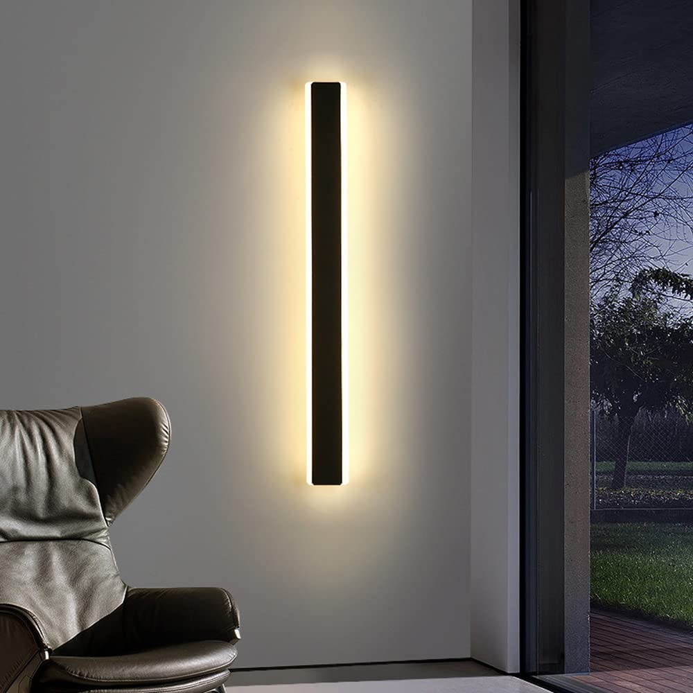 Lámpara de pared larga LED negra para interiores, luces de pared de metal de 3000 K, blanco cálido, lámparas de pared para escaleras, dormitorio, balcón, puerta, restaurante, hogar (80 cm)
