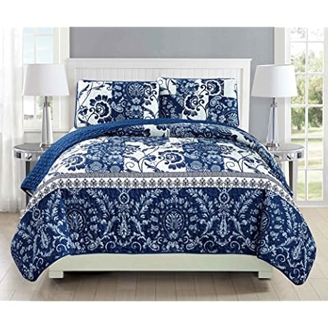 Mk Collection 3pc Full/Queen Bedspread Coverlet Set Quilted Floral White Navy Blue Over Size New #186 Cover