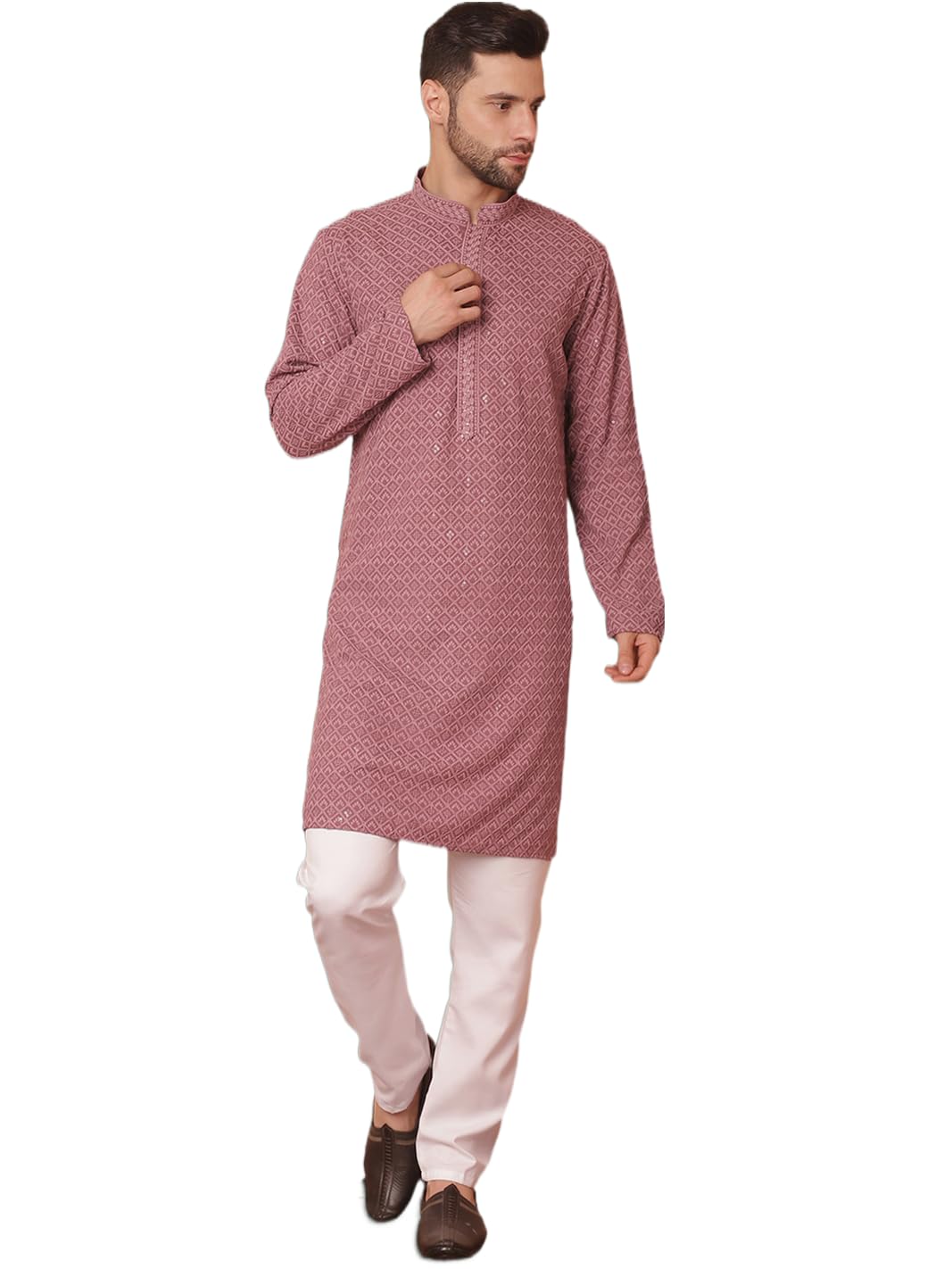 Jompers Men's Magenta Embroidered And Sequence Kurta With Pyjama. (Magenta, M)