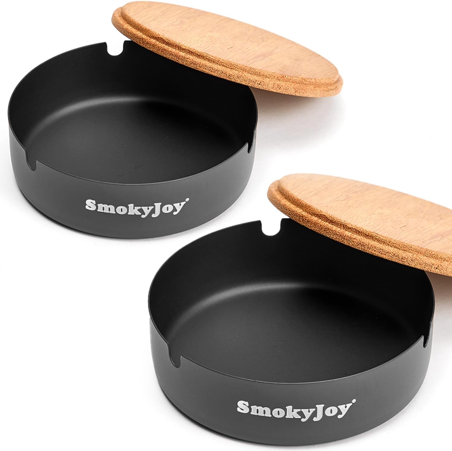Ashtray with Lid for Outside Patio, 2 Pack Windproof Ash Tray, Black Stainless Steel Smokeless Ashtray for Outdoor Home Office Tabletop Patio Outdoor Balcony, Small