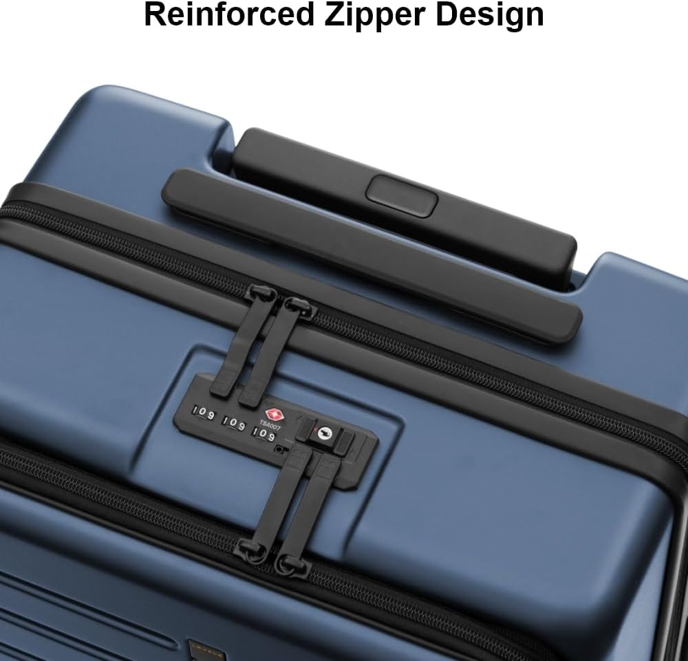 LEVEL8 Road Runner Carry On Luggage with Front Compartment, 20 Inch Lightweight Hard Shell Suitcases with Wheels Airline Approved, Tsa Locks for Luggage, Blue