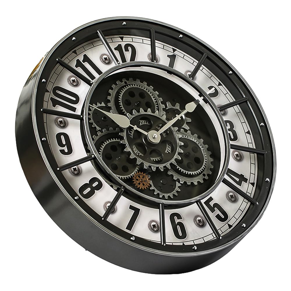Photo 1 of 18 Inch Wall Clock with Moving Gears, Oversized Large Industrial Steampunk Decoration, Antique Metal Big Numeral Wall Clocks for Kitchen Study Room Living Room Decor (Industrial Metal Silver-White)