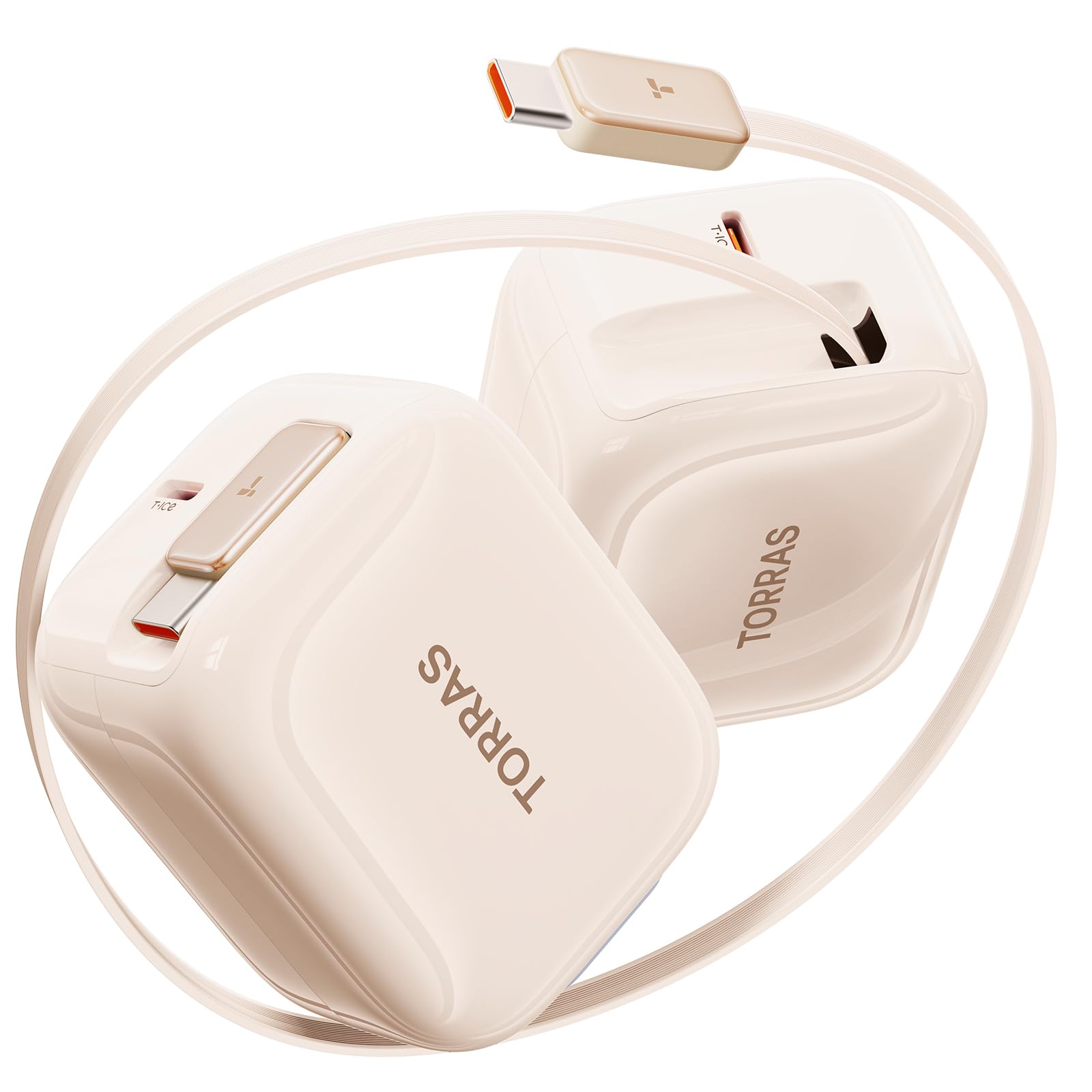 TORRAS FlexLine 40W for iPhone 17 Charger, Dual-Port USB C Charger Block with Retractable Cable, Fast Charging Type-C Power Adapter for iPhone 16/15/Samsung Galaxy S25 Ultra/S24, Gold