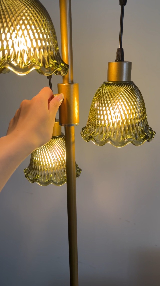 Image of Lightdot Green Flower Glass Floor Lamp 3-Light Dimmable Gold Floor Lamps