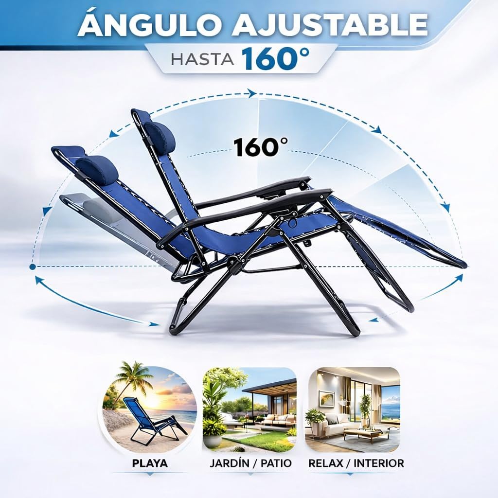 Pack 2 Tumbonas o Sillas de Exterior Plegables para jardín | Playa | Piscina o Terraza | Hamacas Reclinables Camping con Portavasos y Reposacabezas | Hasta 150kg | Silla plegable playa o Tumbona — view 4