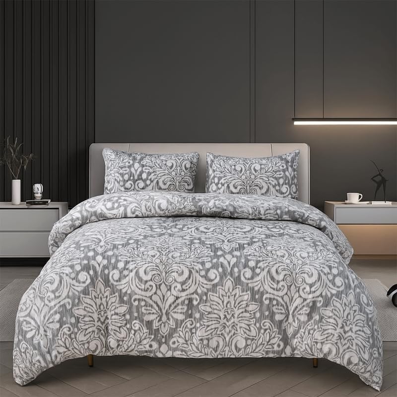 Rugs Inn - Damask Duvet Cover Set - For All-Season, Lightweight Soft Microfibre with 2 Pillow Cases (Grey, Double)