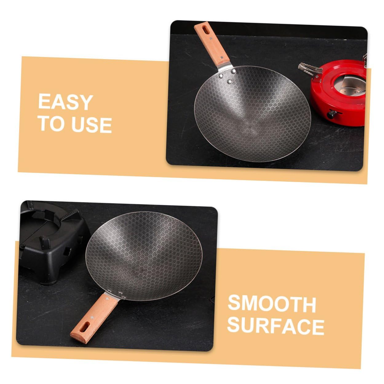 GANAZONO Wok Giapponese Piccolo in Ferro con Fondo Tondo per Cucina Induzione e Outdoor Manico in Legno Resistente alle Alte Temperature Padella Antiaderente Facile da Pulire