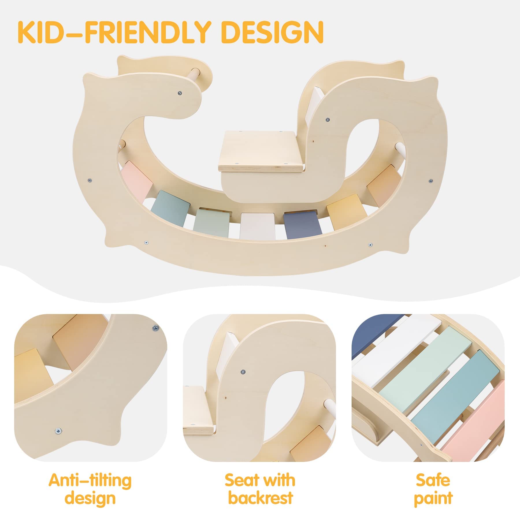 Labebe Montessori Kletterbogen，Spezielles Makrone Kletterdreieck für Kinder，2 in 1 Klettergerüst & Schaukelpferd holz indoor ab 1 jahr