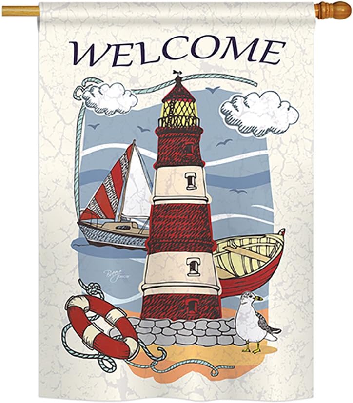 Breeze Decor - Lighthouse Shore Coastal - Everyday Impressions Decorative Vertical House Flag 28" x 40" Printed in USA