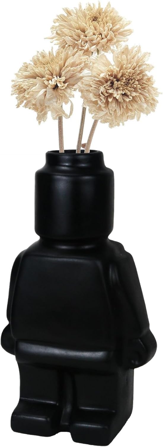 Cute Building Vase for Flower Bouquet Decoration Cool Resin Building Blocks Flower Container for Unique Living Room Table Decor (Black People)