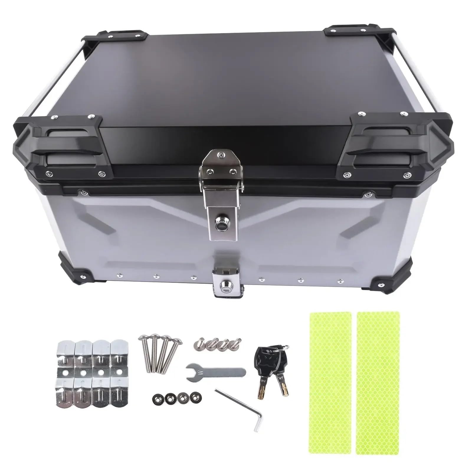 motocyklowyTopcase AP03 65L aluminiowy wodoodporny kufer motocyklowy, bagażnik tylny z zamkiem zabezpieczającym do bagażu (srebrny) bagażnika motocykla