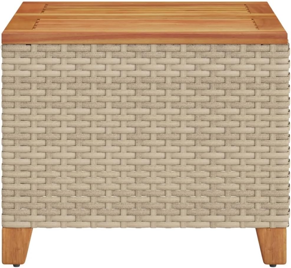 Patio Table Garden Table with Wood Top, Patio Coffee Table, Garden Small Coffee Table, Outdoor Coffee Table Tea Table Side Table, Beige 17.7"x17.7"x14.6" Poly Rattan Acacia Wood,-85
