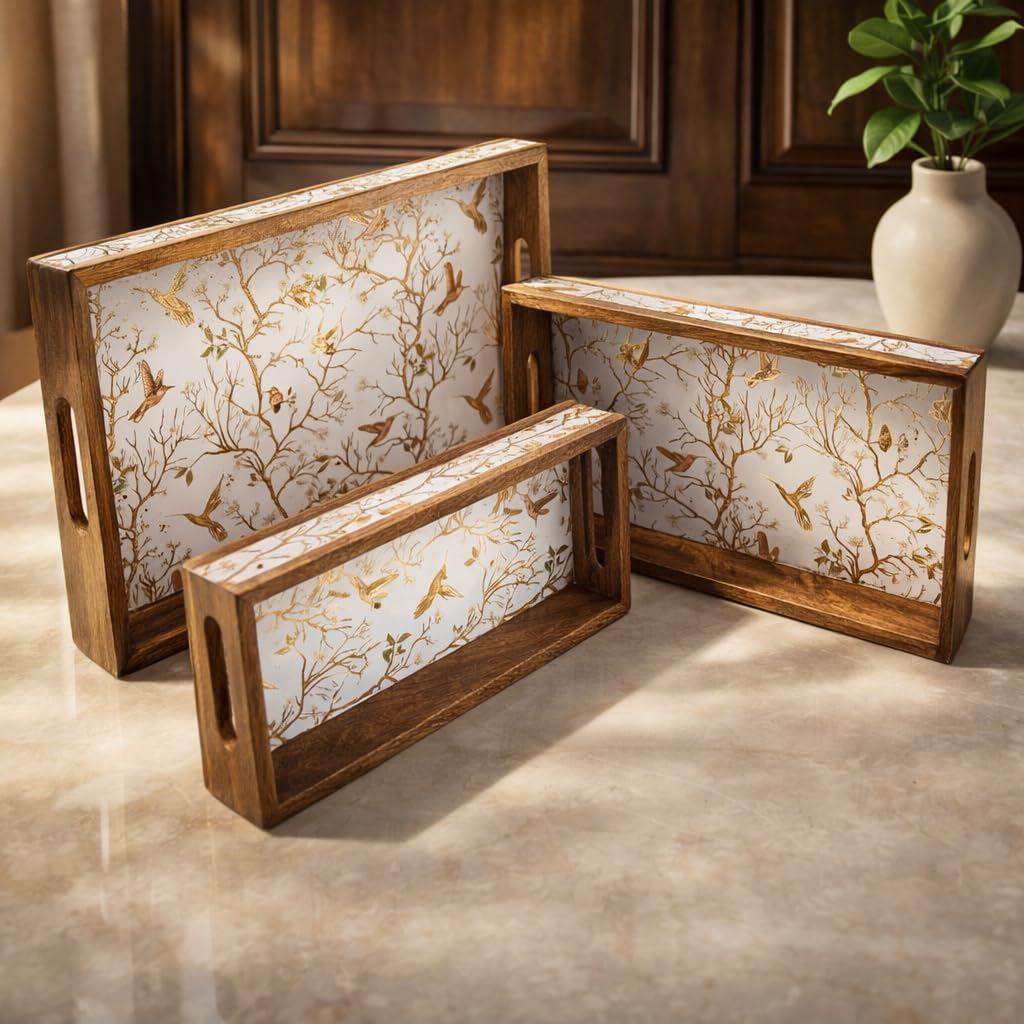 Wooden Serving Tray Set - Gold Engraved Design -9