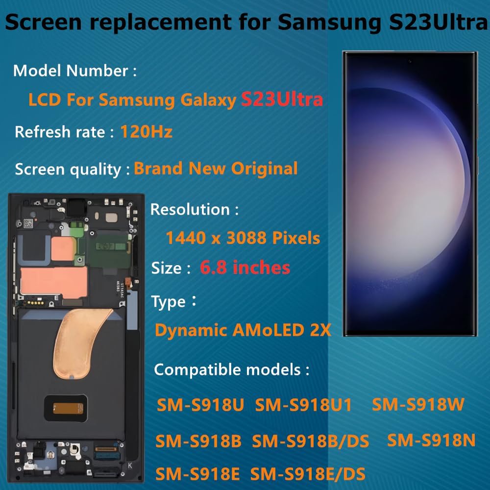 Original Quality AMOLED for Samsung Galaxy S23 Ultra 5G Screen Replacement with Frame 6.8 Inch S23Ultra SM-S918U SM-S918U1 Touch Display Digitizer Screen Assembly (Black)
