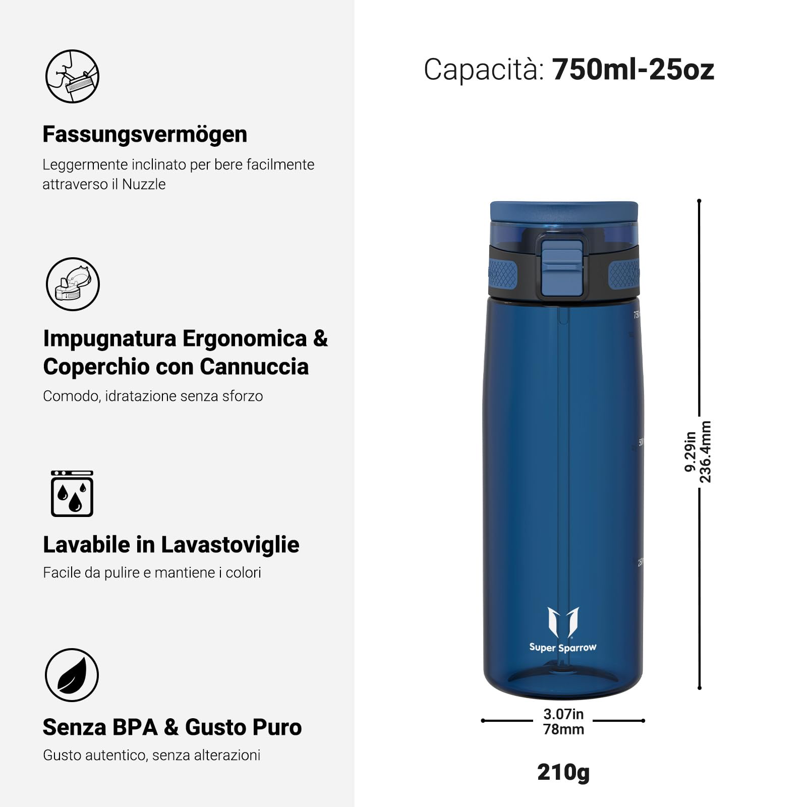 Super Sparrow Borraccia - TouchSip Sportiva Bottiglia - 500ml/750ml/1L - Tritan Senza BPA, a Prova di Perdite - Borracce con Cannuccia Ideale per Scuola e Sport
