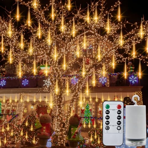 CCILAND Meteor Shower Lights Outdoor, 8 Tubes 144 LED Christmas Falling Rain Lights Battery with Remote Waterproof Icicle String Lights for Garden Party Wedding Xmas Decor - Warm White