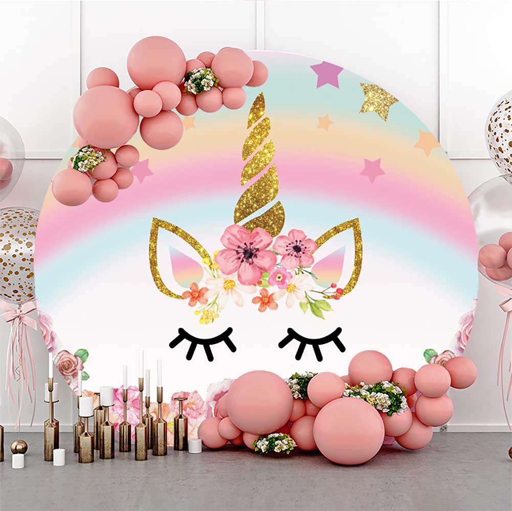 Aoihrraan 200cm Diamètre Licorne Tour Toile de Fond pour Photographie Licorne Corne d'or Fleurs Star Arc en Ciel Fond pour Kid Enfants Anniversaire Gâteau brisé Fête Douche de bébé Accessoires