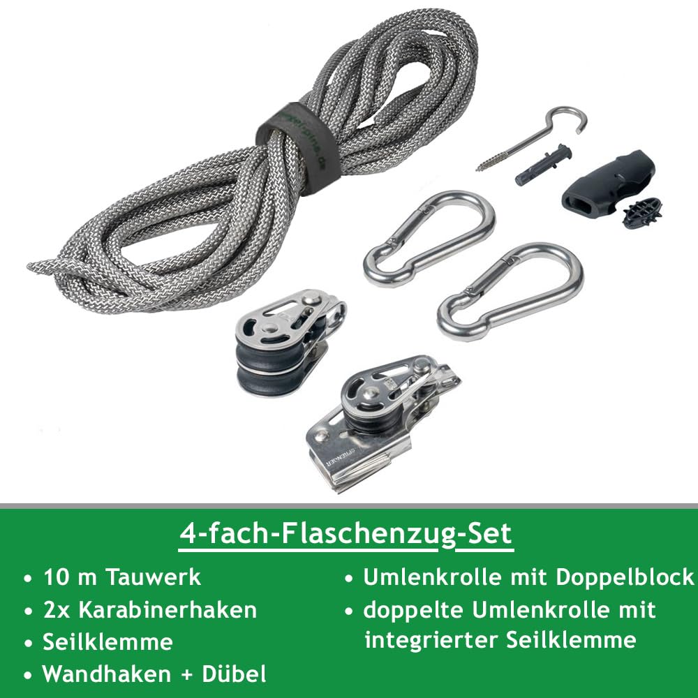 Sonnensegel 4-Fach Flaschenzug Set - wandseitig, für Wandhalter/Profi Spannsystem zum Spannen & Befestigen/Robustes Seilzugsystem mit integrierter Klemme