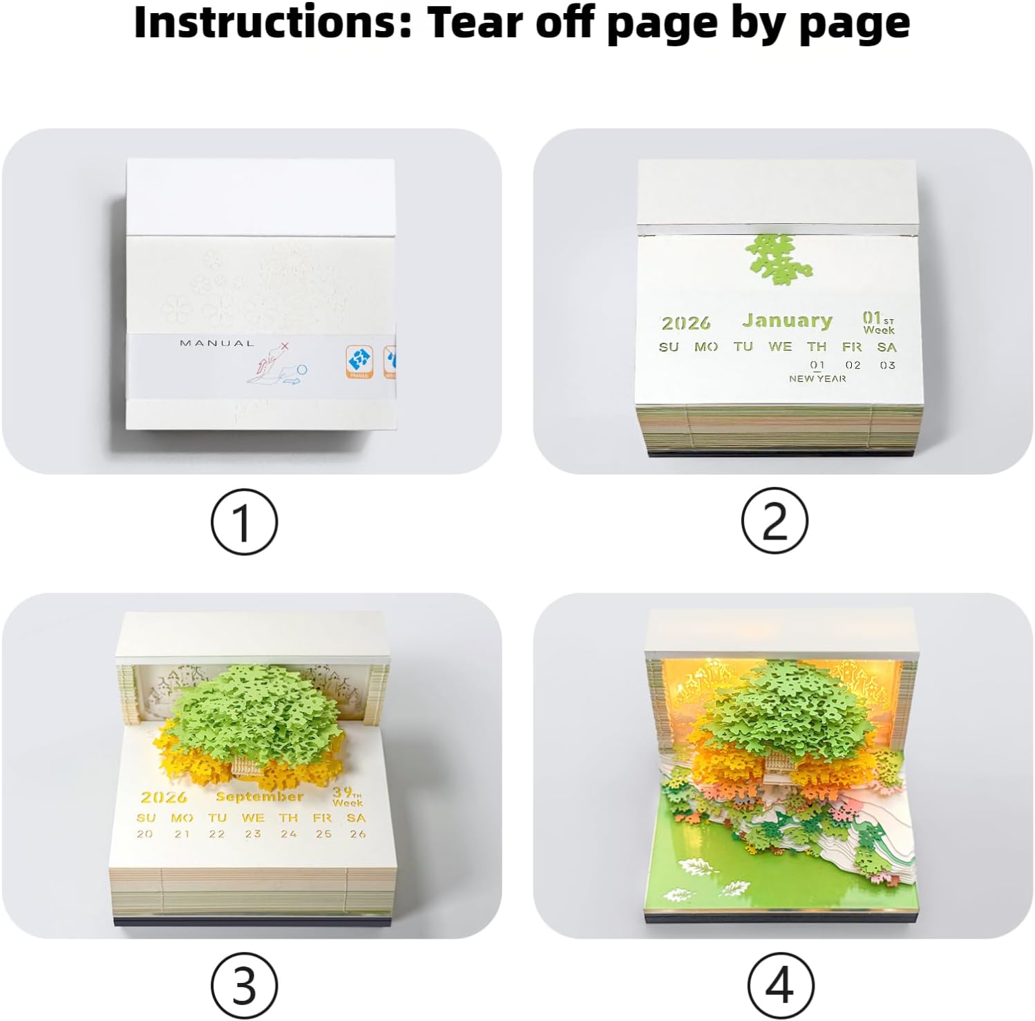 3D Time Piece Calendar 2026 Notes Desk Calendar Artropad Art Memo Bookmarks Self Stick Note Paper Creative Christmas Gift with Acrylic Box (Green)