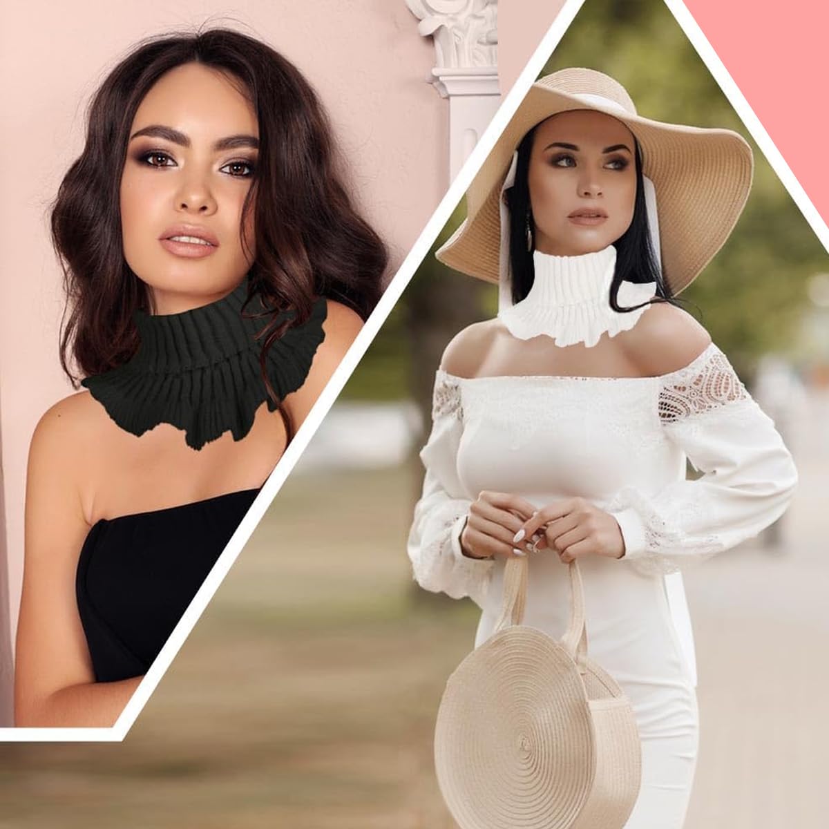 PALAY 2Pcs Knitted Fake Turtle Neck Collar for Women, Black & White 3