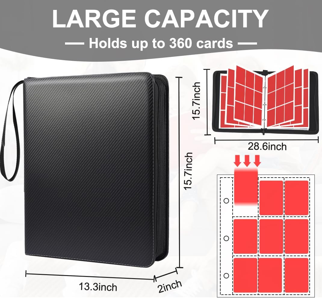 Card Binder 9 Pocket - Top Loader Binder Holds 360 Toploaders, PU Leather Cover, Removable 3-Rings Transparent Inner Page for Trading Cards or Sports Cards