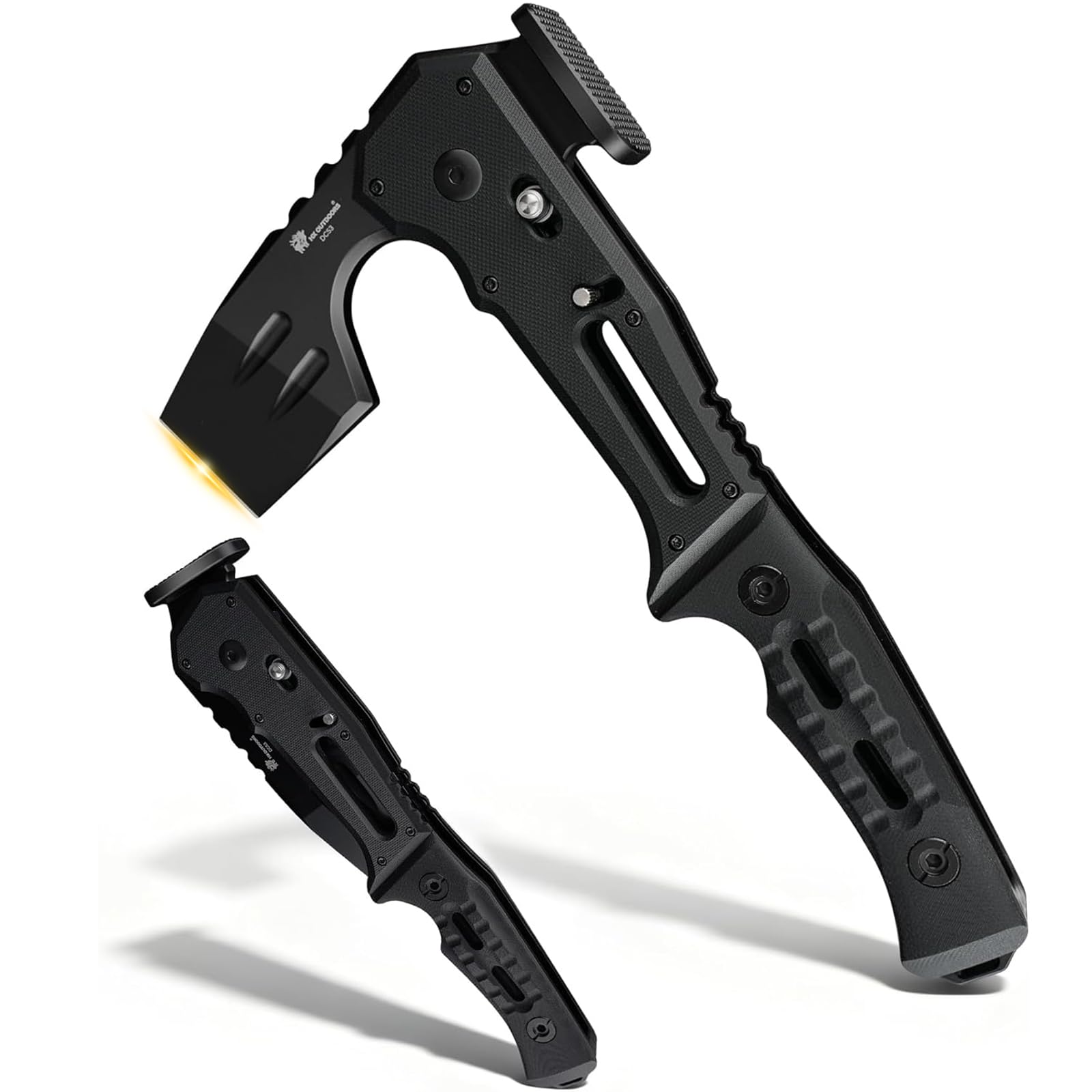 HX OUTDOORS Ascia Tattica Pieghevole da Sopravvivenza, Lama in Acciaio DC53 con Titanio Nero, Ascia da Campeggio con Martello e Apribottiglie, Accetta Pieghevole con Impugnatura G10