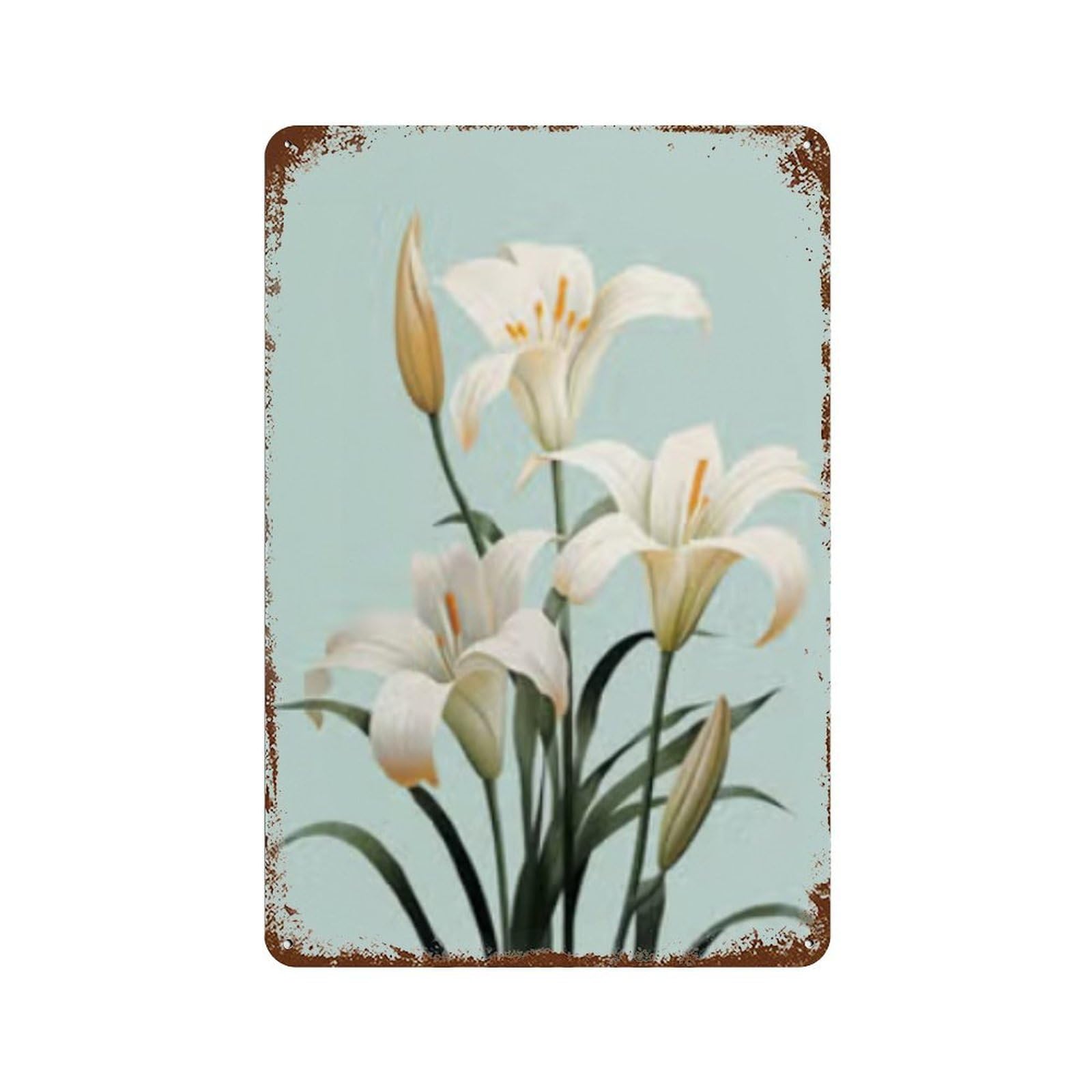 White Lily Flowers Bouquet 11.8"x7.9" Weathered Tin Sign, Shabby Chic Decor for Cafe, Home Bar And Lounge Decor