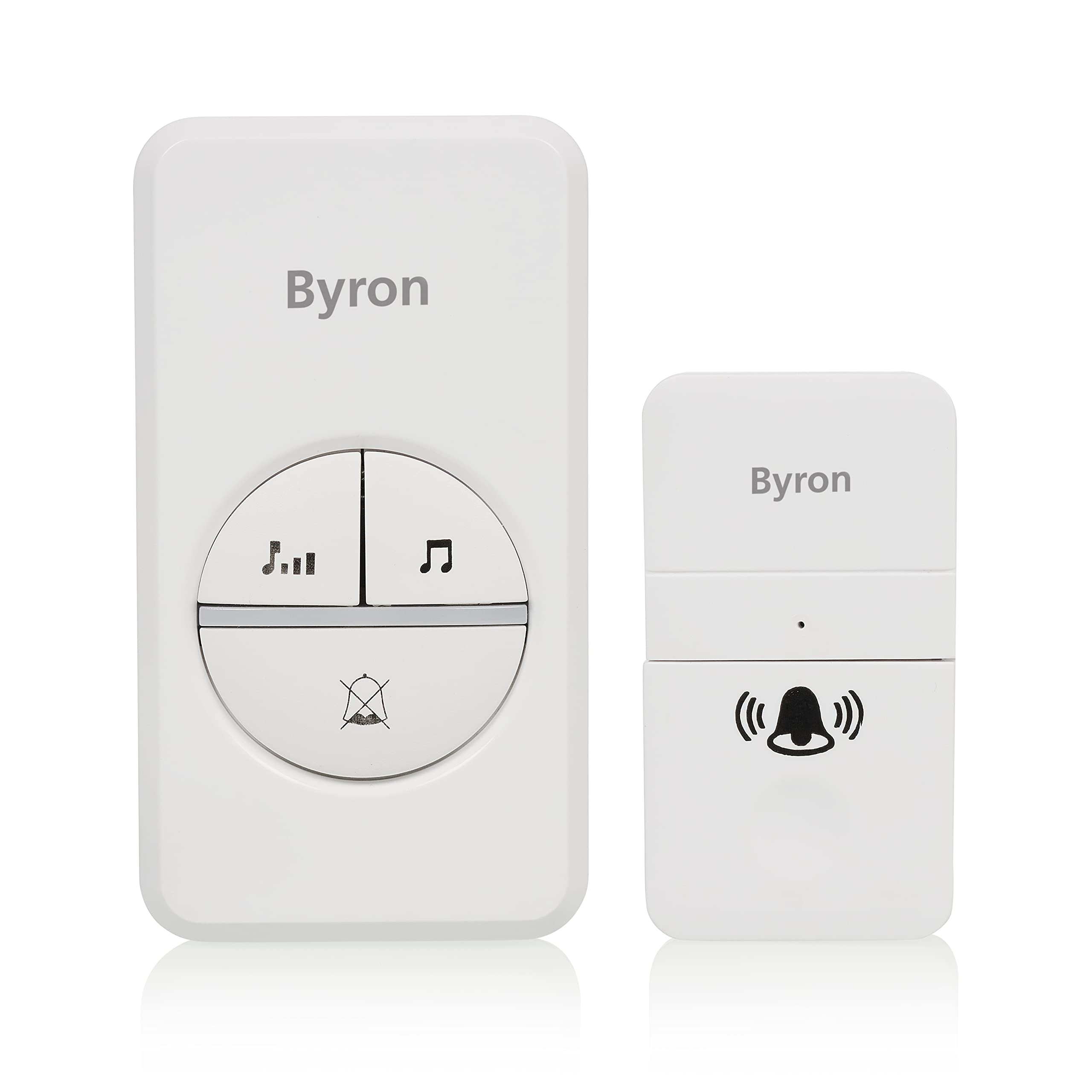 Close-up front view of the Byron DBY-23442 doorbell receiver, highlighting the volume and melody selection buttons.
