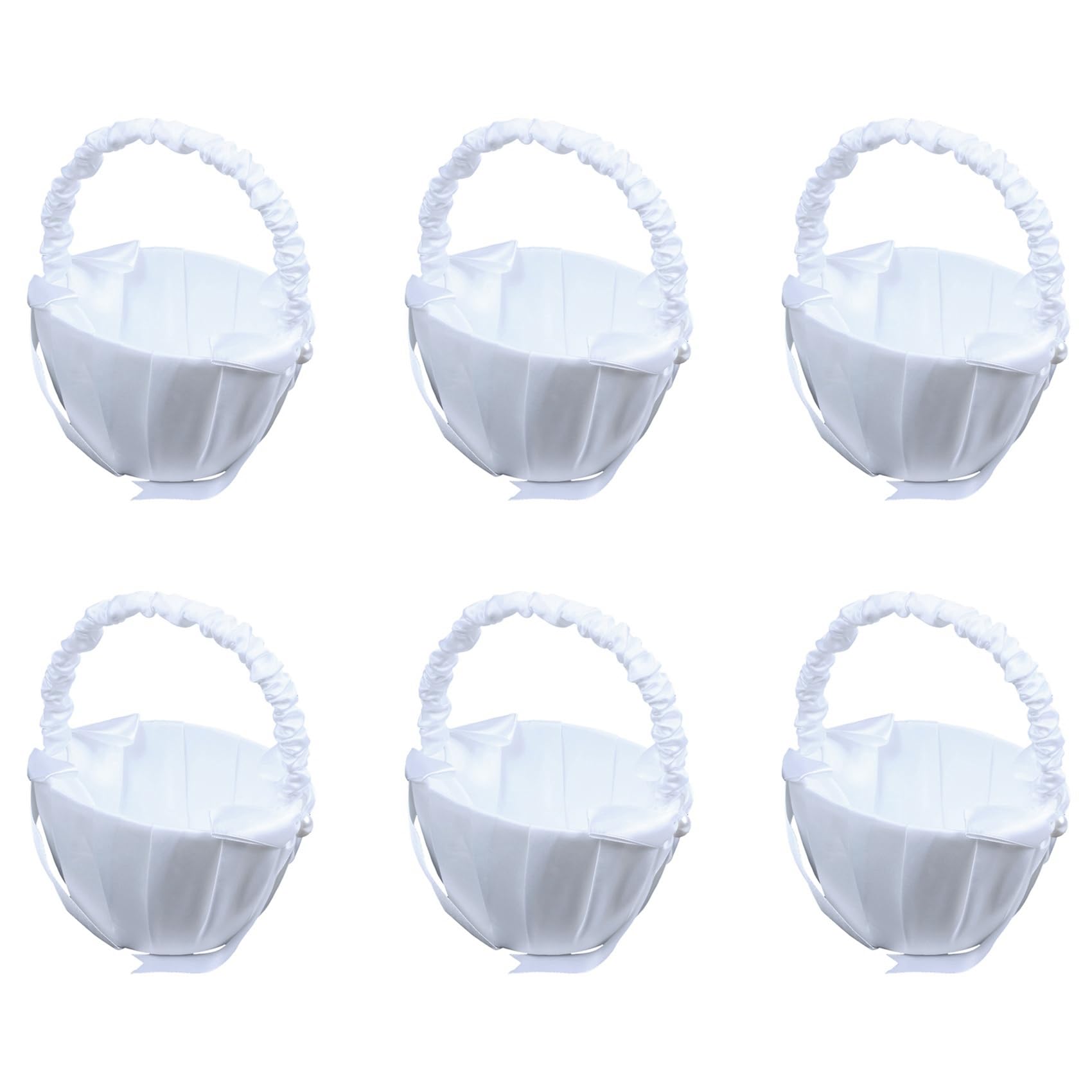 Hndhbfgrt 6X White Satin Beaded Wedding Flower Girl Basket Bowknot Decor