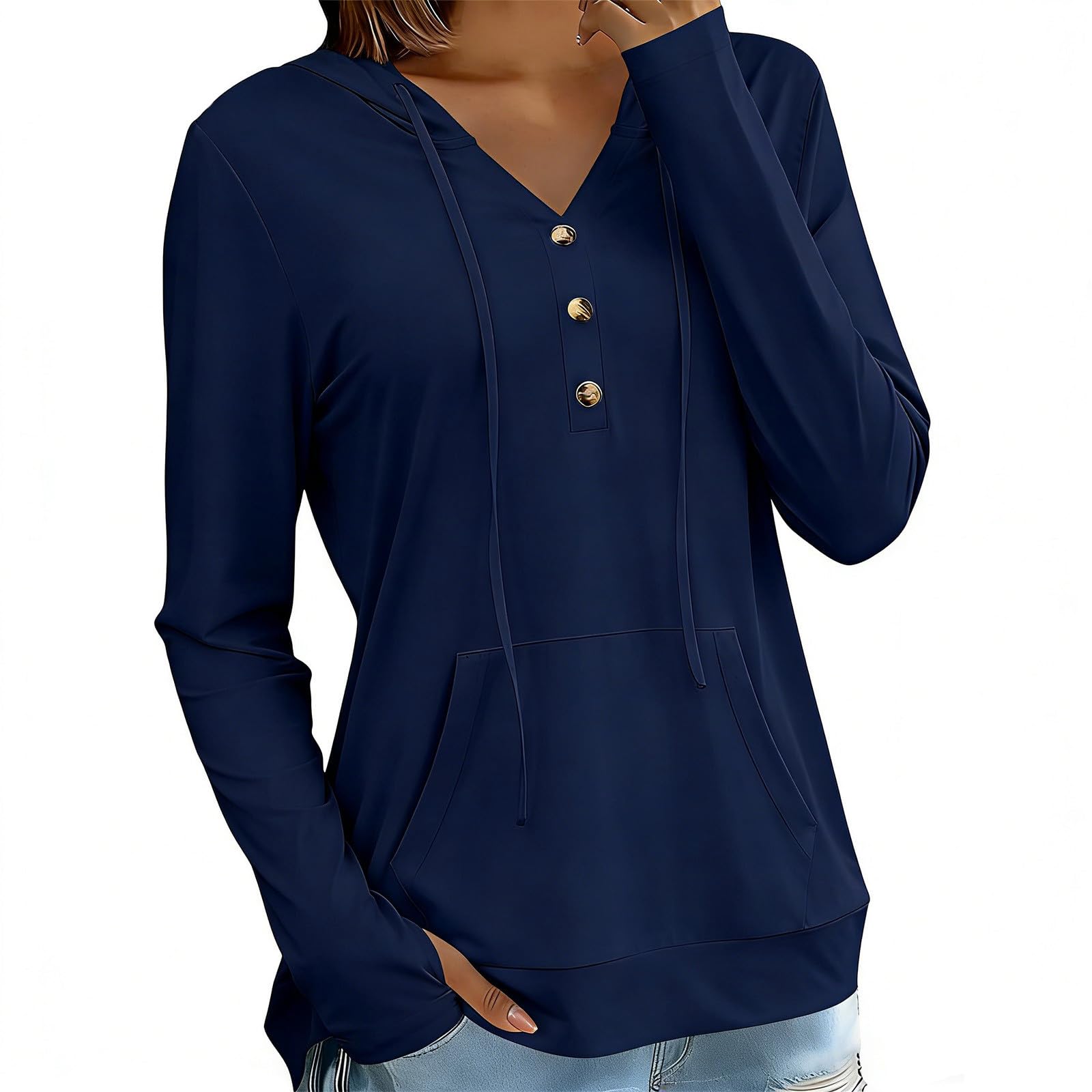 Sonnenschutz Hoodie Damen Sommer Dünne Sweatshirt mit Kapuze Knöpfe V-Ausschnitt Kapuzenpullover Schnelltrocknend Langarmshirt Locker Hoody Oberteile Leichte Langarm Sportshirt Casual Strand Top