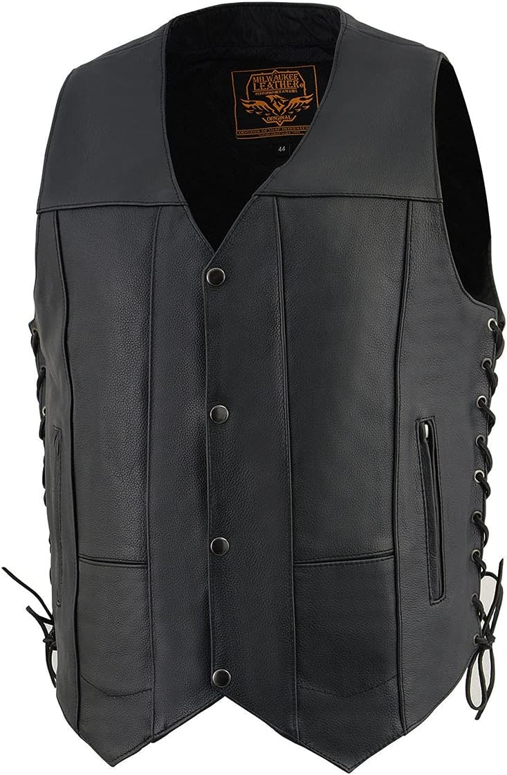 Milwaukee Leather SH1391 Men's Black Leather 10 Pocket V-Neck Side Lace Motorcycle Rider Vest w/Front Snap Closure - Image 6