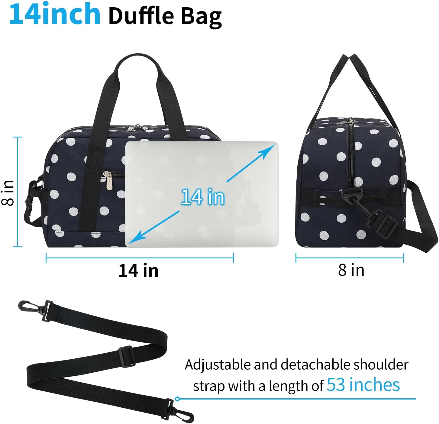 Small Gym Bag 14 inch lightweight Carry On Mini Duffel Bag for Travel Sport - Polka Dot Blue - Image 6