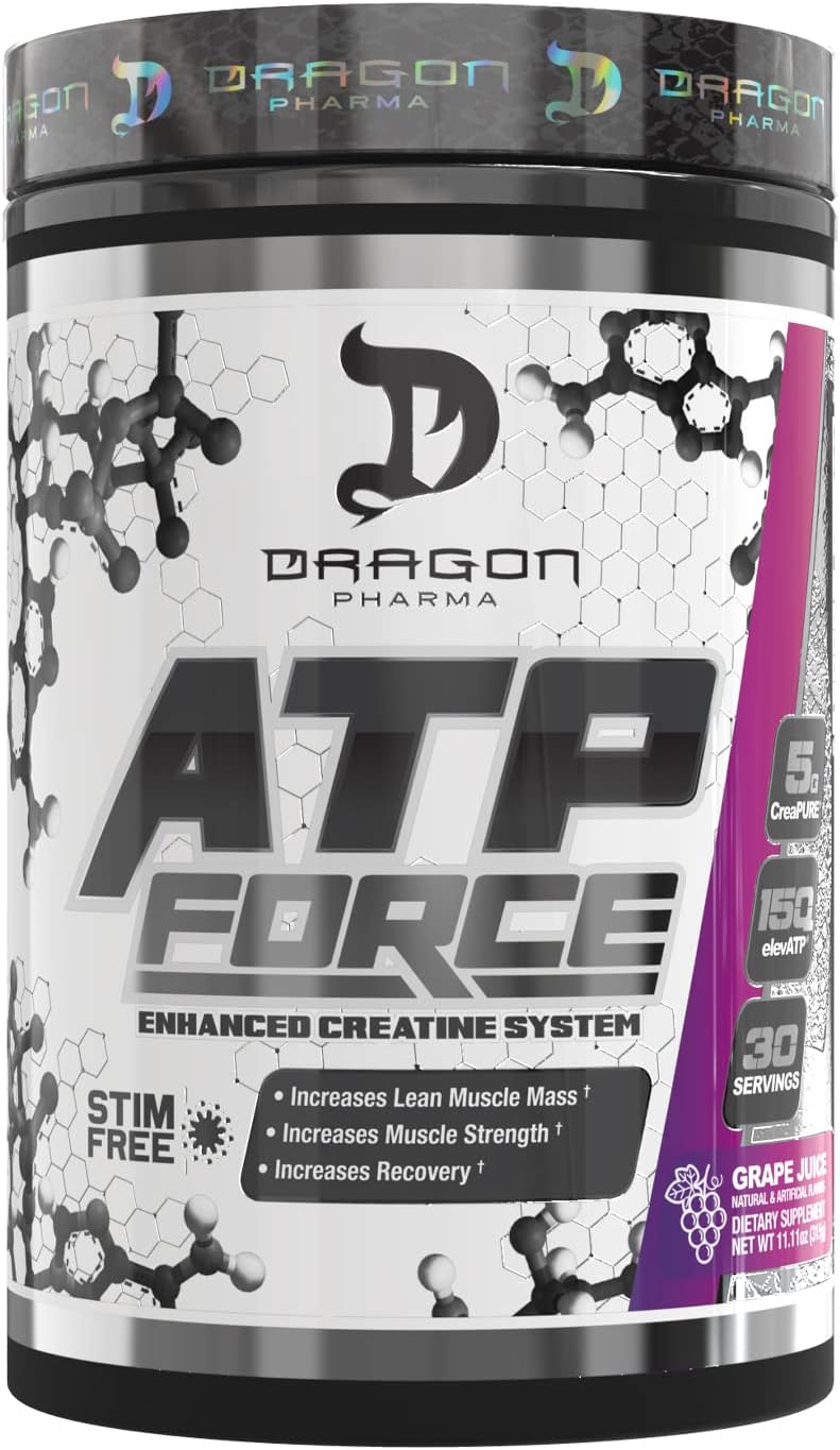 DRAGON PHARMA ATP Force Enhanced Creatine System, Stim-Free, Increase Lean Muscle Mass & Recovery, 5 Grams of CreaPure, Improves Blood Flow (30 Servings, Grape Juice)