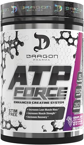 DRAGON PHARMA Sistema de creatina mejorado ATP Force, sin estimulación, aumenta la masa muscular magra y recuperación, 0.18oz de CreaPure, mejora el