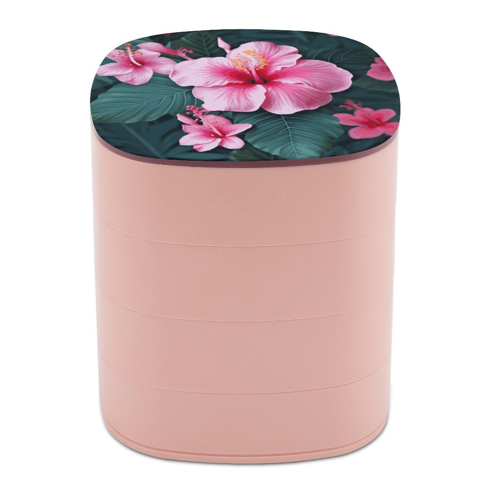Btcowzrv Women's Style Hawaii Pink Flower Jewelry Organizer With Mirror, 4-Layer Rotating Jewelry Box For Ring Earring Necklaces Bracelets Hair Accessories, Gift For